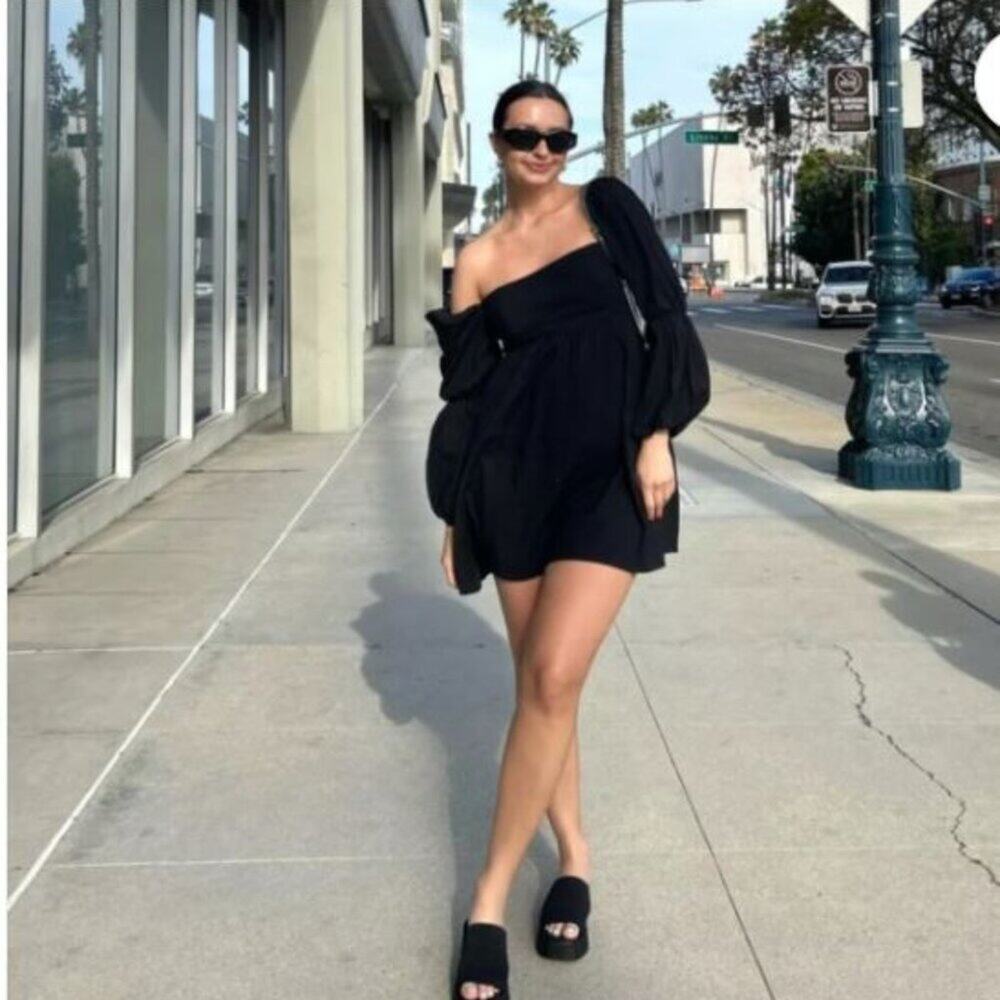 New Reformation Square Neck Puff Sleeve Mini Dress Black Smocked Cotton Sz 2